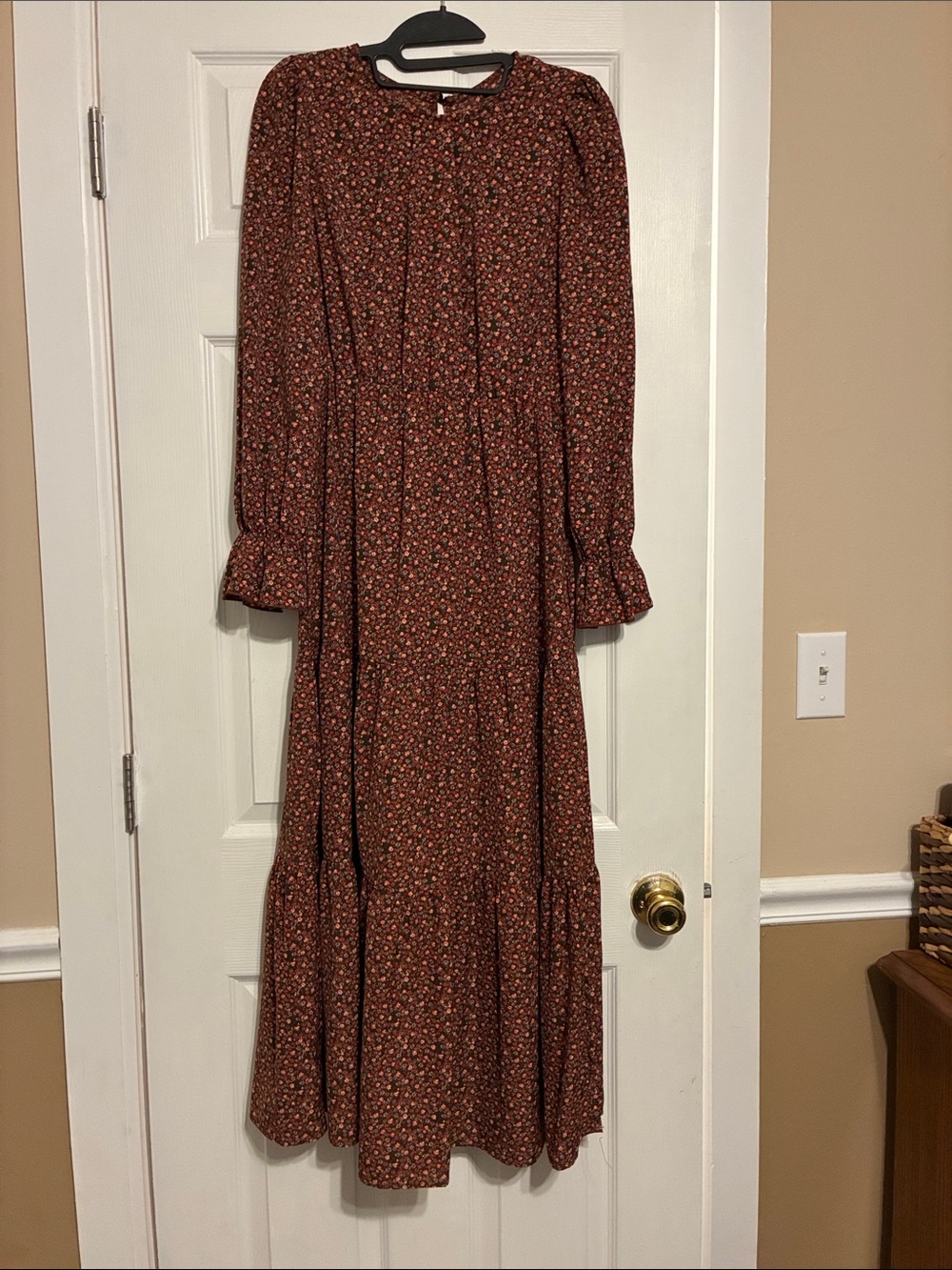 SHEIN Rust Floral Long Sleeve Tiered Dress